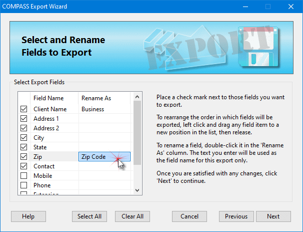 Export Wizard Step 2 -- Selecting and Renaming Fields