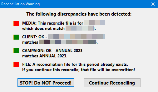 Reconcile Discrepancy Warning