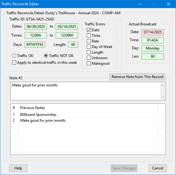 Editing Traffic in Reconcile Editor