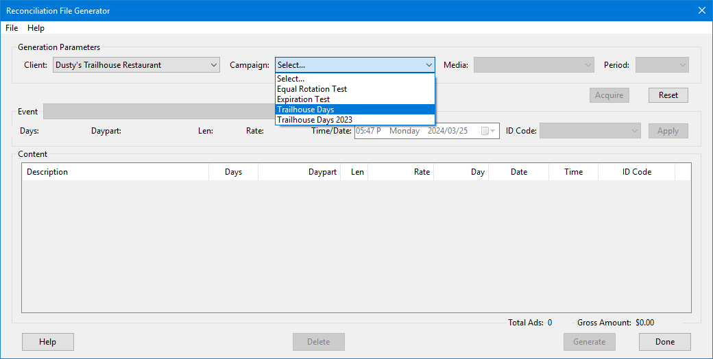 Reconcile File Generator Window Reconcile File Generator Window